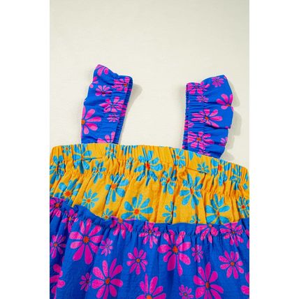 Blue Floral Colorblock Flutter Straps Flowy Tank Top
