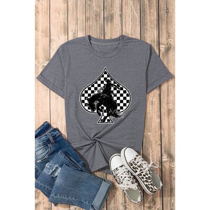 Gray Redeo Check Spades Western Graphic T Shirt