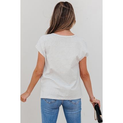 White Stripe Cap Sleeve Crew Neck Casual Tee with Chest Pocket