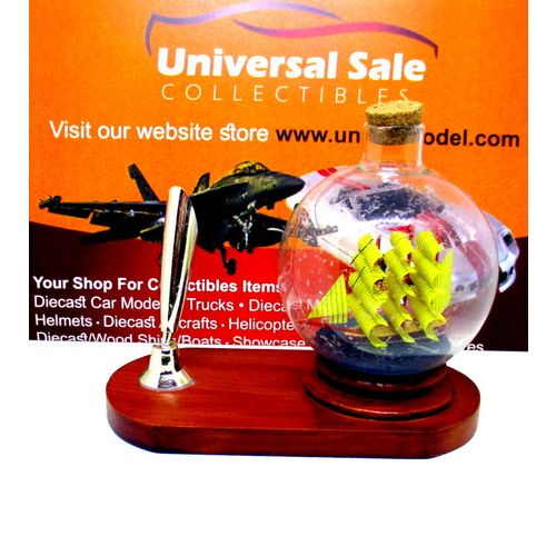 LITTLE SAILING BOAT IN A GLASS BALL ON WOOD PEN STAND,WOODEN NAUTICAL MODEL