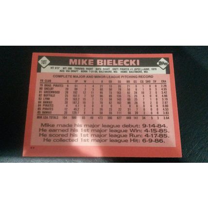 1986 Topps Traded Card # 010T Mike Bielecki Excellent (5) Pittsburgh Pirates