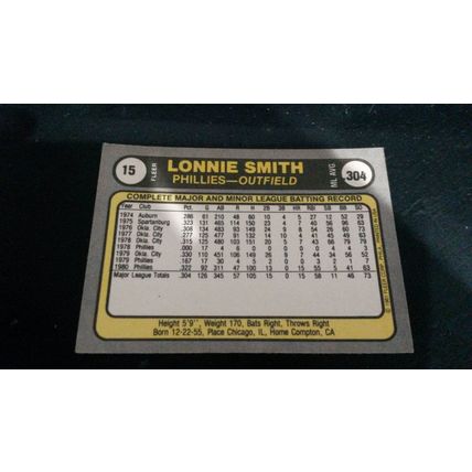 1981 Fleer Card # 015 Lonnie Smith Very Good-Excellent (4) Philadelphia Phillies