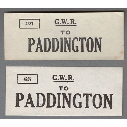 2 GREAT WESTERN RAILWAY OBLONG LUGGAGE LABELS - PADDINGTON - UNDATED