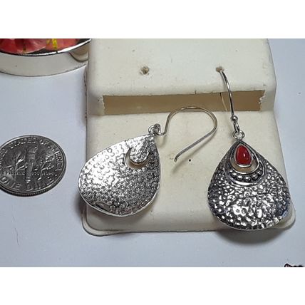 Teardrop Carnelian hammered Sterling Silver french drop shield Earrings #18673