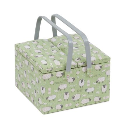 HobbyGift Large Twin Lid Sewing Basket Box - Square - Green Sheep Design