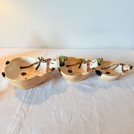 Dario Farrucci Serving Bowl Hand Painted 9" Snowman Family 3 Nesting Holiday Dec