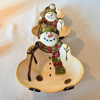 Dario Farrucci Serving Bowl Hand Painted 9" Snowman Family 3 Nesting Holiday Dec
