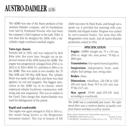 Collectors Club card. Classic Cars. Austro-Daimler ADR6