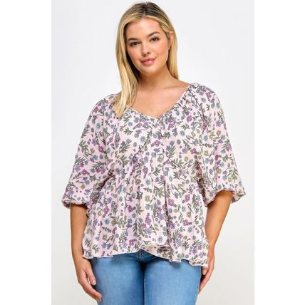Women's Floral V-neck Babydoll Balloon Sleeve Top