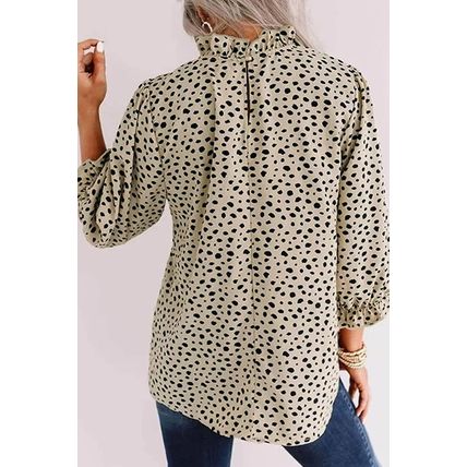 Khaki Frilled Neck 3/4 Sleeves Cheetah Blouse