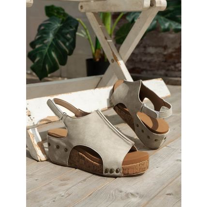 Vintage Leather Stitching Studded Wedge Sandals