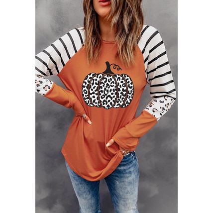 Orange Leopard Pumpkin Graphic Contrast Long Sleeve Top