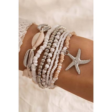 White 7pcs Starfish Seashell Beaded Bracelet Set