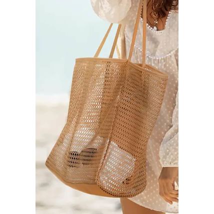 Light French Beige Hollowed Zipped Interior Pocket Nylon Tote Bag