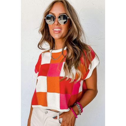 Fiery Red Color Block Cap Sleeve Sweater