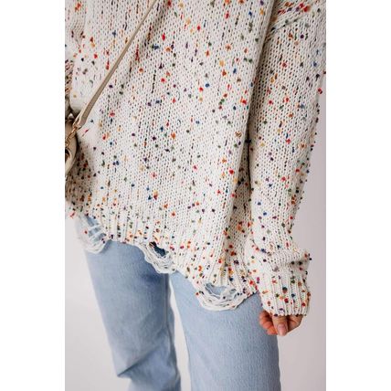 White Colorful Confetti Distressed Knit Sweater