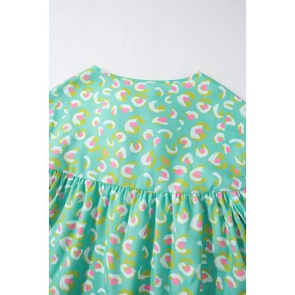 Green Abstract Printed Lace-up Lantern Sleeve Babydoll Blouse