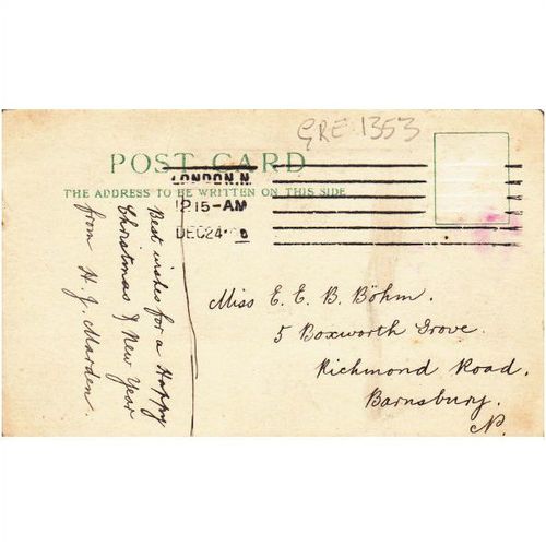 Christmas 1906 Good Wishes Postcard thought to be handmade gre1353