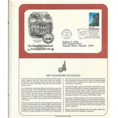 NEW HAMPSHIRE STATEHOOD ' OFFICIAL FIRST DAY of ISSUE ' (1988)