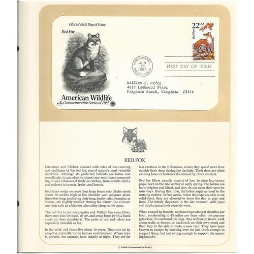 AMERICAN WILDLIFE ' OFFICIAL FIRST DAY of ISSUE ' RED FOX (1987)