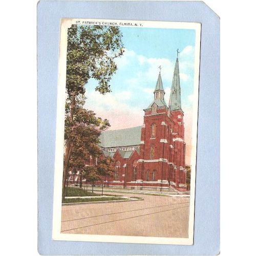 New York Elmira St Patricks Church Street Scene Intersection w/Trolley Tra~1065