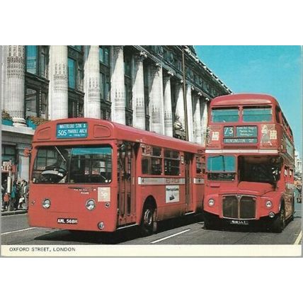 London - Oxford Street, 73 & 105 buses , Routemaster - postcard c.1970s