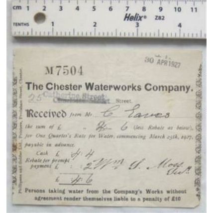 1927 receipt Chester Waterworks Company, C. Eaves, Catherine Street