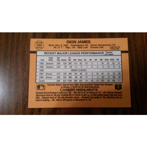 1989 Donrus Card # 340 Dion James Near Mint (7) Atlanta Braves