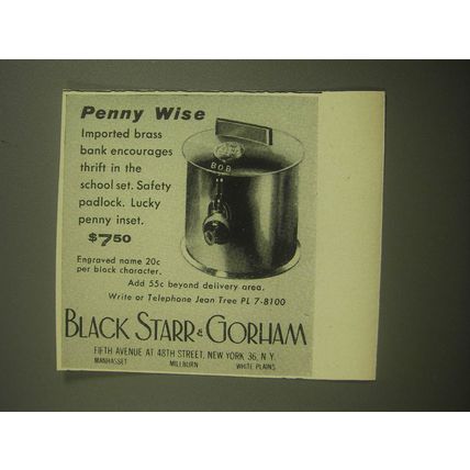 1958 Black Starr & Gorham Brass Bank Ad - Penny Wise