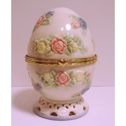 Vintage 6" Easter Spring Floral Egg Trinket Dresser Box with Hinged Lid