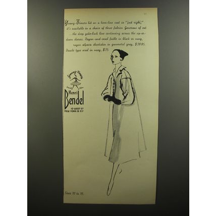 1953 Henri Bendel Coat Ad - Young-timers hit on a hem-line coat so just right