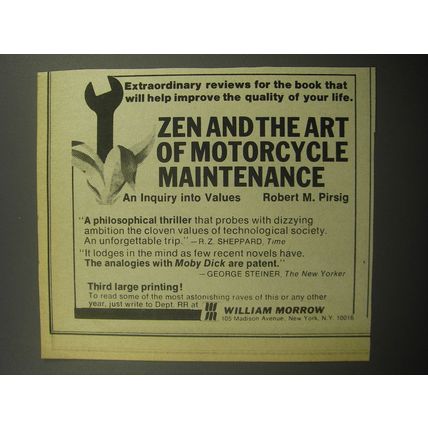 1974 William Morrow Book Ad - Zen and the Art of Motorcycle Maintenance