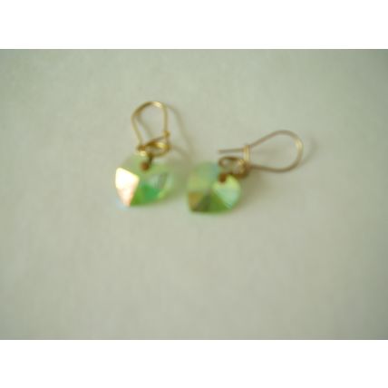 Vintage Earrings Green Aurora Borealis Crystal Heart Dangle Retro Pierced Drops