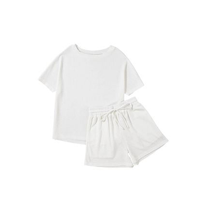White Casual Textured Tee and Drawstring Shorts Set