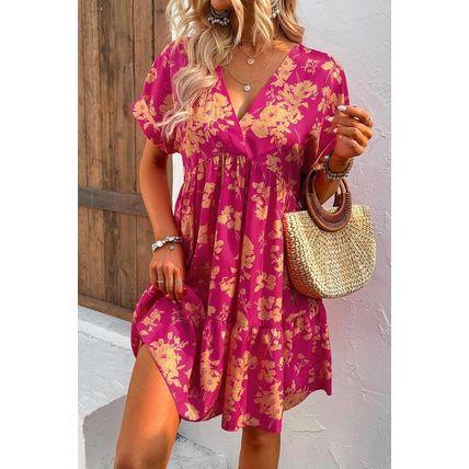 Rose Floral Print Batwing Sleeve Smock Dress