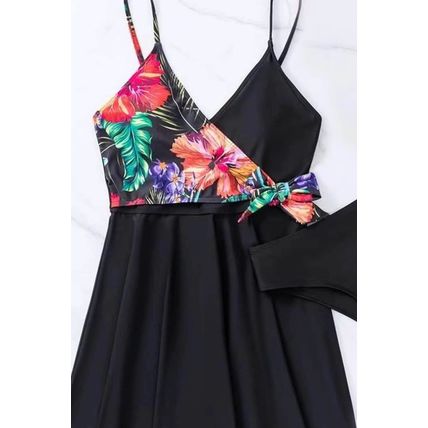 Black Floral Print Wrapped Spaghetti Straps Tankini Set