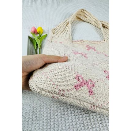 Beige Sweet Bowknot Textured Strap Knit Shoulder Bag