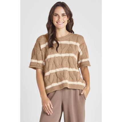 Dark Khaki Striped Cable Short Sleeve Sweater