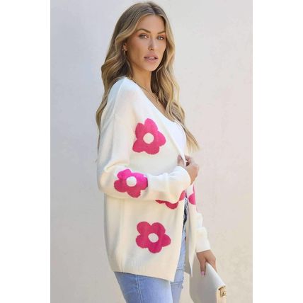 Rose Red Flower Pattern Open Front Cardigan