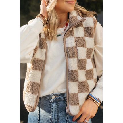 Khaki Checkered Sherpa Collared Jacket Vest
