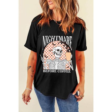 Black Nightmare Before Coffee Skull Checkerboard Graphic Halloween Tee