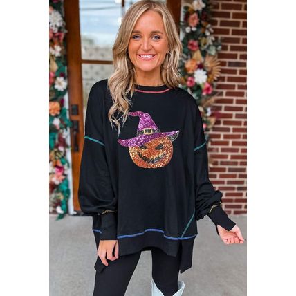 Black Glittering Pumpkin Wizard Graphic Exposed Seam Side Split Halloween Sweats