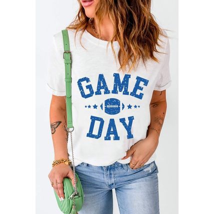 White GAME DAY Rugby Football Graphic Crewneck T Shirt