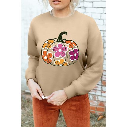 Khaki Halloween Floral Pumpkin Graphic Drop Shoulder Sweatshirt