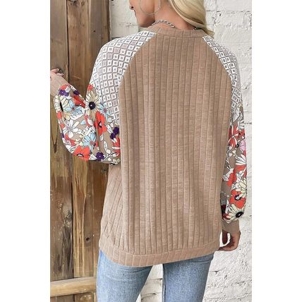 Parchment Floral Patchwork Long Sleeve Ribbed Blouse