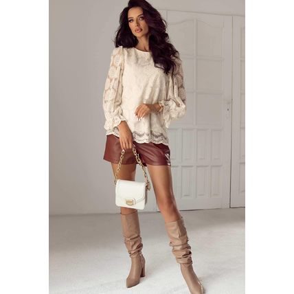 Oatmeal Flower Jacquard Button Back Ruffled 3/4 Sleeve Blouse