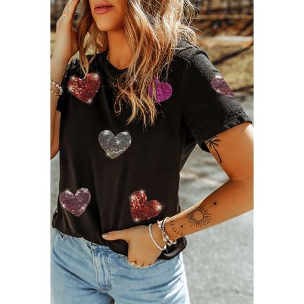 Black Sequin Heart Patched Pattern Crewneck Valentines Tee