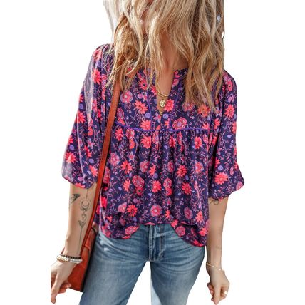 Purple Floral Half Sleeve Split Neck Blouse Top
