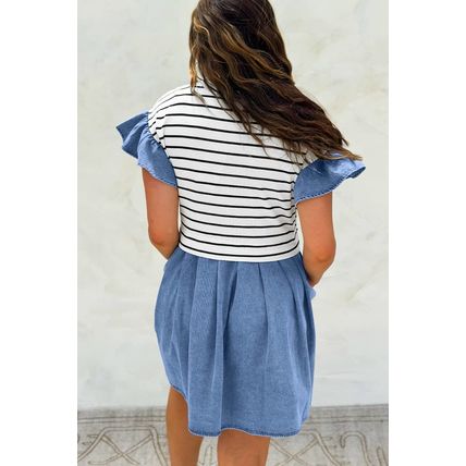 Black Stripe Ruffle Denim Patchwork Round Neck Mini Dress