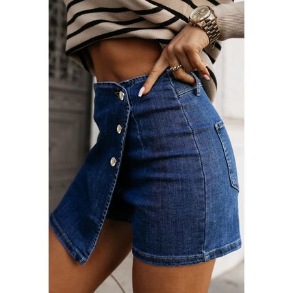 Bluing Asymmetric Wrapped Buttoned High Waist Denim Shorts